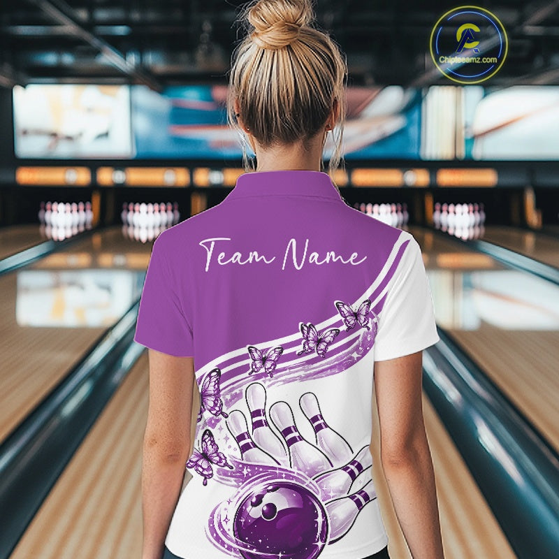 Custom Purple Butterfly Bowling Jerseys, Bowling Polo Shirt