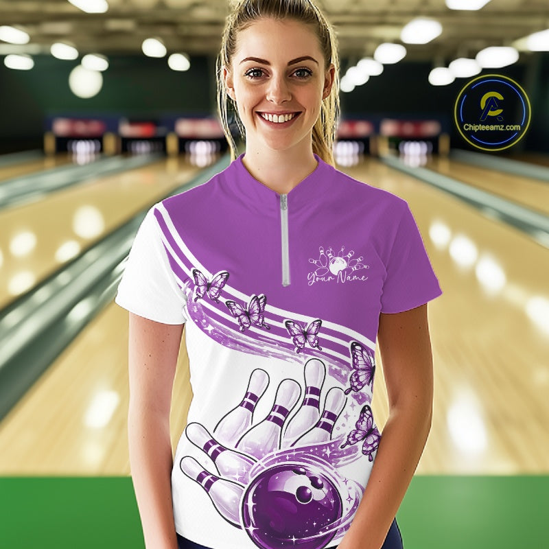 Custom Purple Butterfly Bowling Jerseys, Bowling Quarter-Zip Shirt