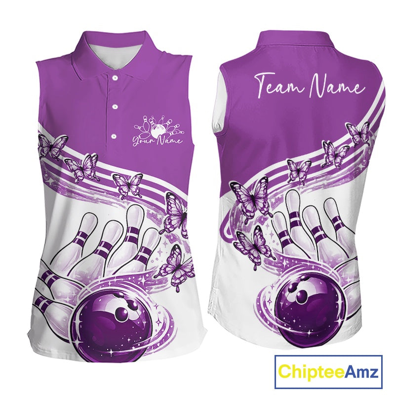 Custom Purple Butterfly Bowling Jerseys, Bowling Sleeveless Polo Shirt