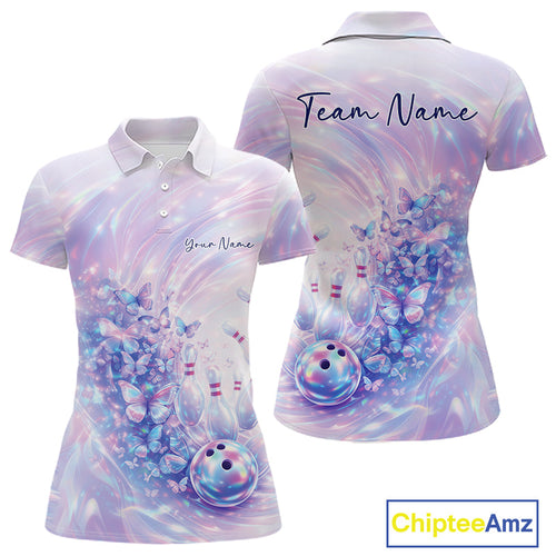 Custom Hologram Butterfly Bowling Polo Shirts, Galaxy Bowling Team Jerseys