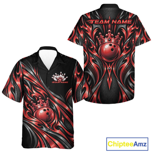 Custom Black And Red Tribal Crown Bowling And Button Up Shirt, Bowling League Team Shirt