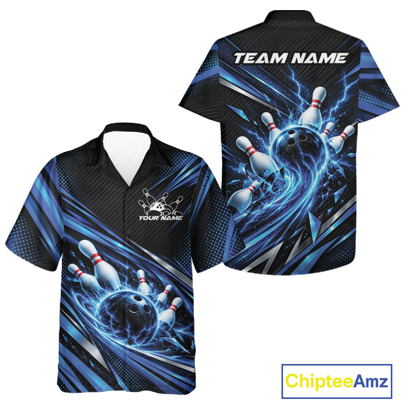Custom Blue Lightning Bowling Team And Button Up Shirt, Bowling League Bowler Outfit