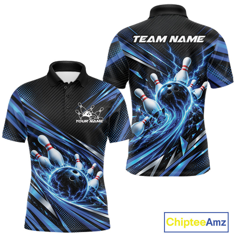 Custom Blue Lightning Bowling Team Polo Shirt, Bowling League Bowler Outfit