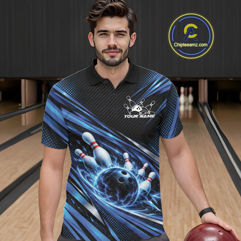 Custom Blue Lightning Bowling Team Polo Shirt, Bowling League Bowler Outfit
