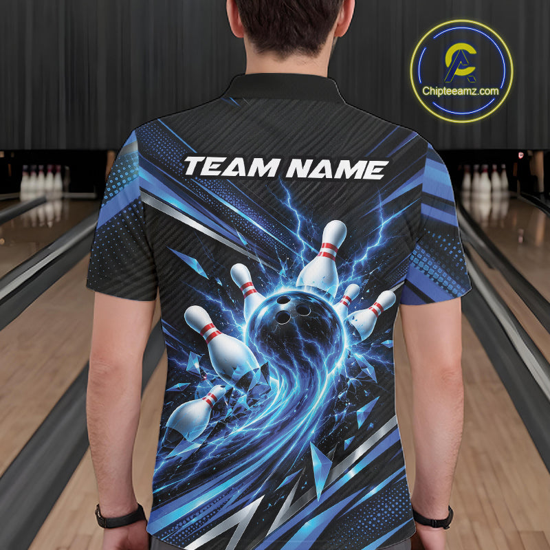 Custom Blue Lightning Bowling Team Polo Shirt, Bowling League Bowler Outfit