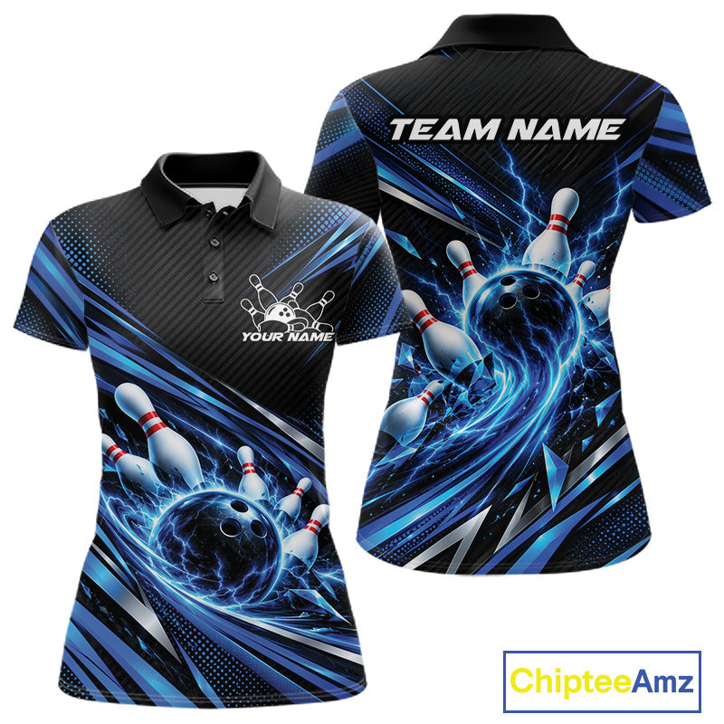 Custom Blue Lightning Bowling Team Polo Shirt, Bowling League Bowler Outfit