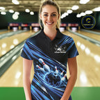 Custom Blue Lightning Bowling Team Polo Shirt, Bowling League Bowler Outfit