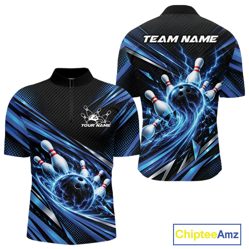 Custom Blue Lightning Bowling Team Quarter Zip Shirt, Bowling League Bowler Outfit