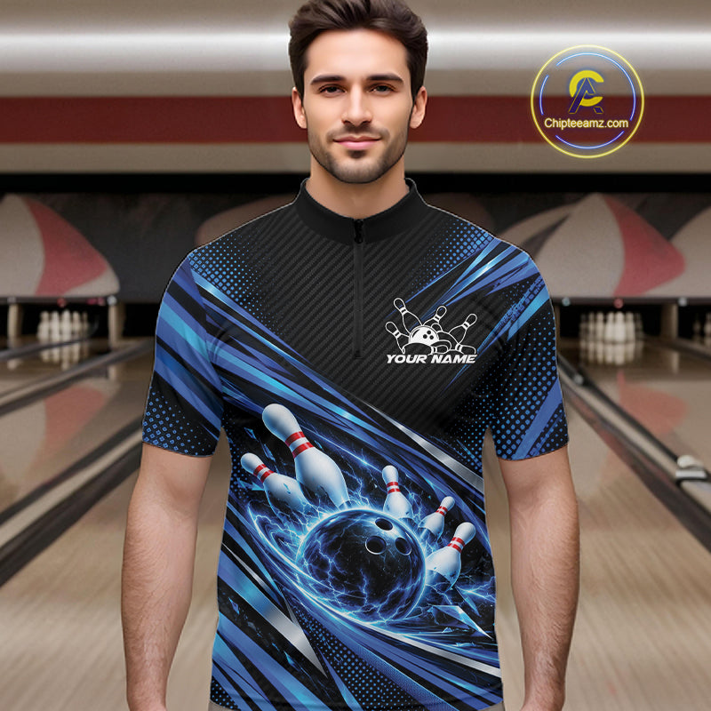 Custom Blue Lightning Bowling Team Quarter Zip Shirt, Bowling League Bowler Outfit