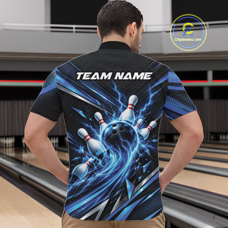 Custom Blue Lightning Bowling Team Quarter Zip Shirt, Bowling League Bowler Outfit