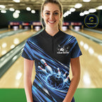 Custom Blue Lightning Bowling Team Quarter-Zip Shirt, Bowling League Bowler Outfit