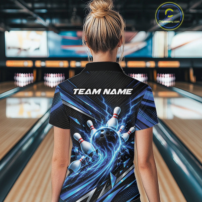 Custom Blue Lightning Bowling Team Quarter-Zip Shirt, Bowling League Bowler Outfit