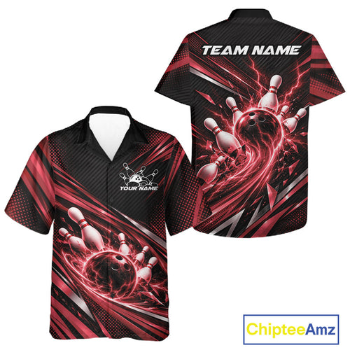 Custom Red Lightning Bowling Team And Button Up Shirt, Bowling League Bowler Outfit
