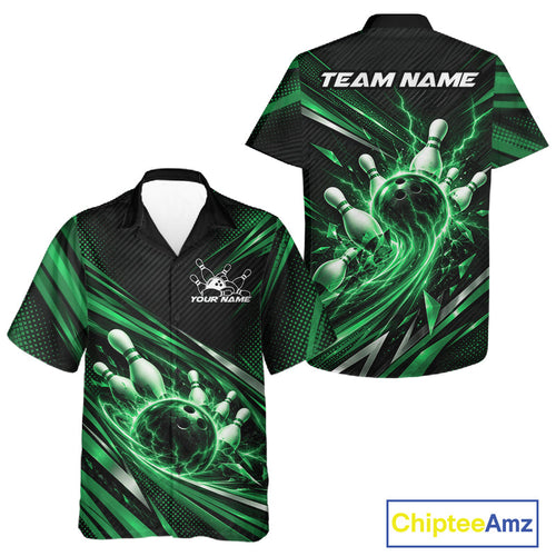 Custom Green Lightning Bowling Team And Button Up Shirt, Bowling League Bowler Outfit