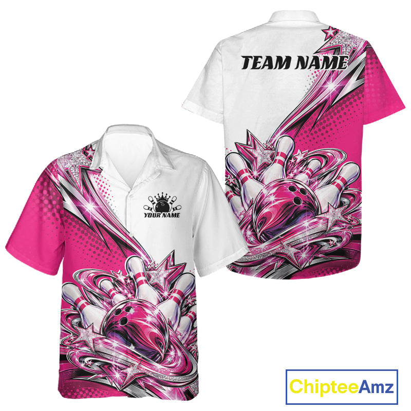 Custom Pink Glitter Star Bowling And Button Up, Bowling League And Tournament Shirt