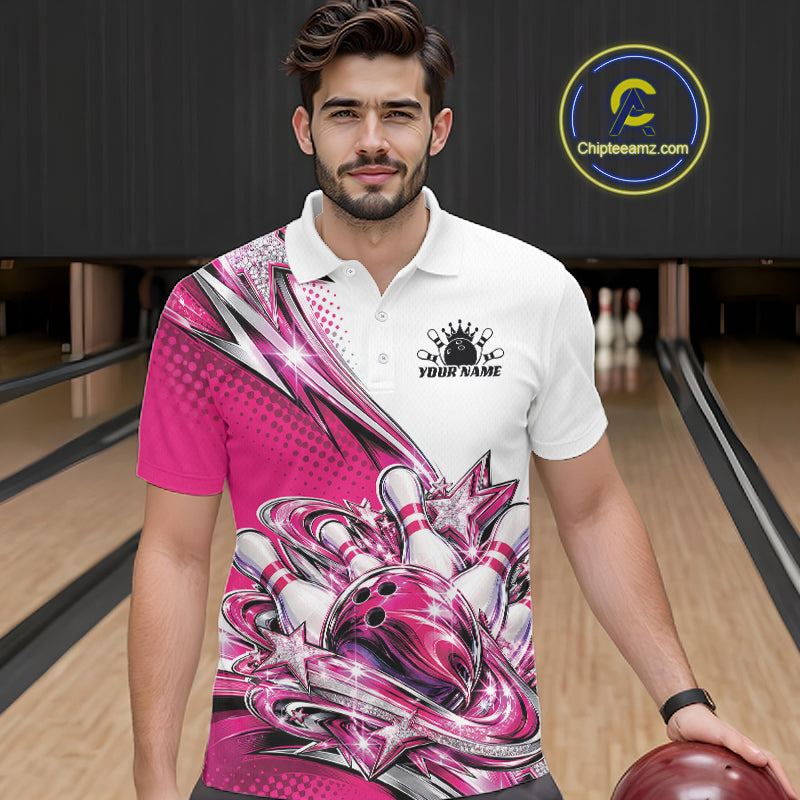 Custom Pink Glitter Star Bowling Polo, Bowling League And Tournament Shirt