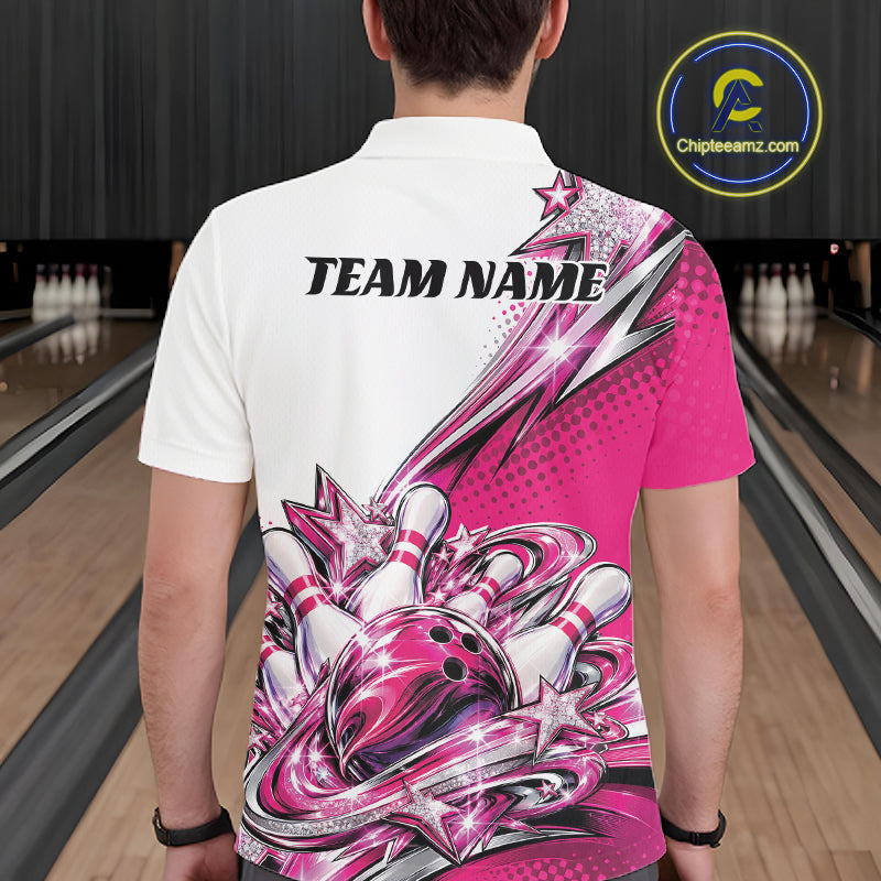 Custom Pink Glitter Star Bowling Polo, Bowling League And Tournament Shirt