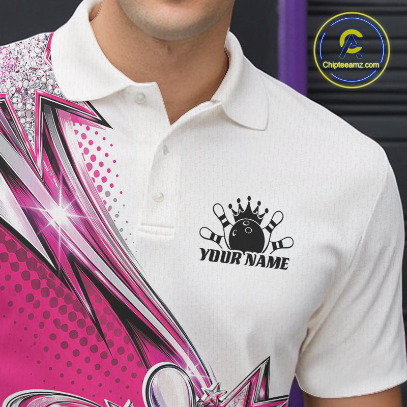 Custom Pink Glitter Star Bowling Polo, Bowling League And Tournament Shirt