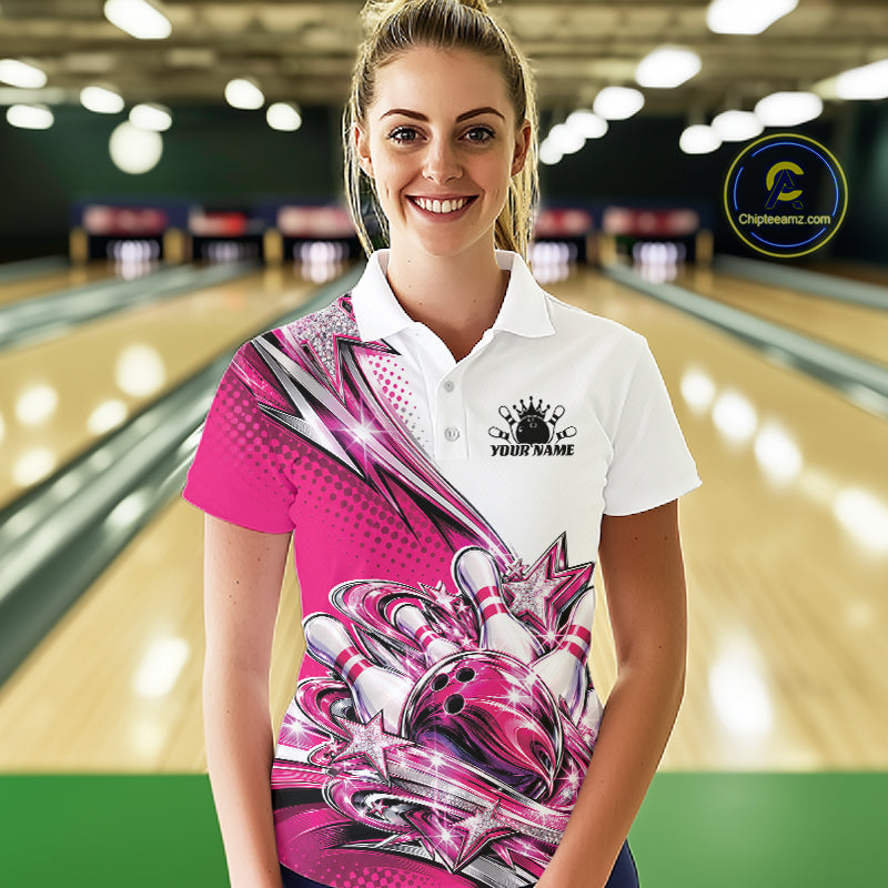 Custom Pink Glitter Star Bowling Polo, Bowling League And Tournament Shirt