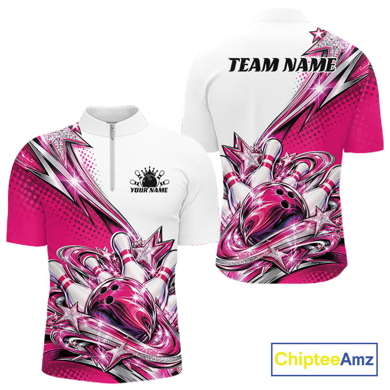 Custom Pink Glitter Star Bowling Quarter Zip, Bowling League And Tournament Shirt