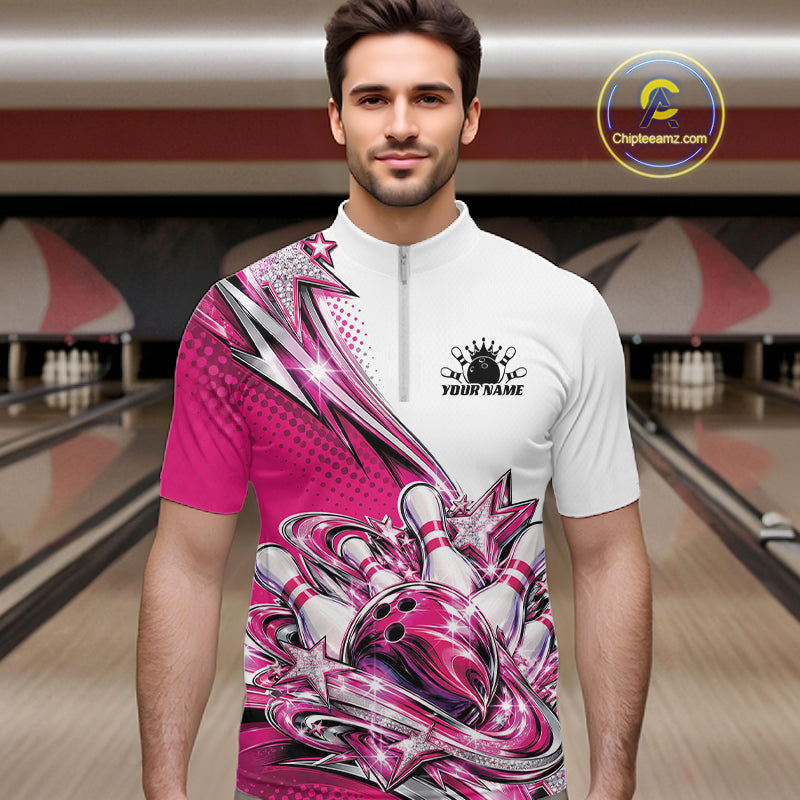 Custom Pink Glitter Star Bowling Quarter Zip, Bowling League And Tournament Shirt