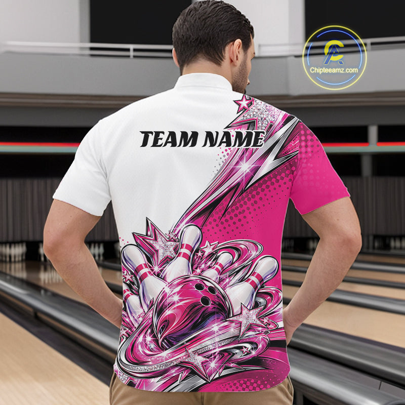 Custom Pink Glitter Star Bowling Quarter Zip, Bowling League And Tournament Shirt