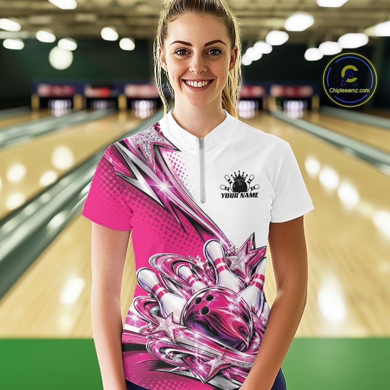Custom Pink Glitter Star Bowling Quarter-Zip, Bowling League And Tournament Shirt