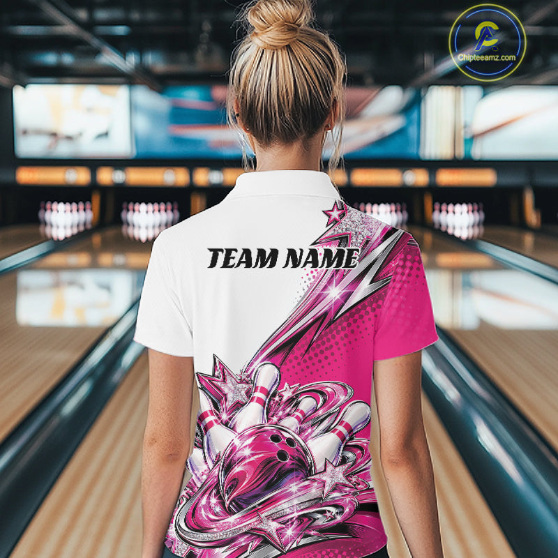 Custom Pink Glitter Star Bowling Quarter-Zip, Bowling League And Tournament Shirt