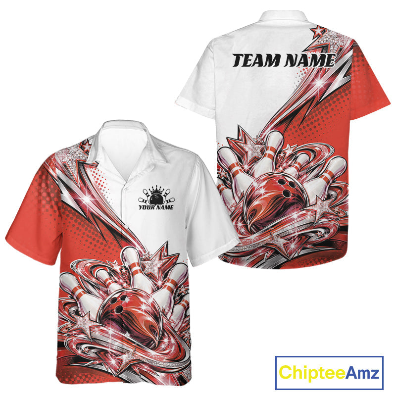 Custom Red Glitter Star Bowling And Button Up, Bowling League And Tournament Shirt