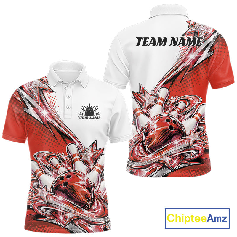 Custom Red Glitter Star Bowling Polo, Bowling League And Tournament Shirt