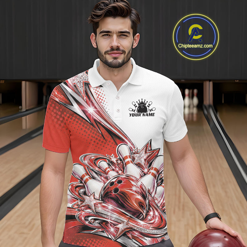 Custom Red Glitter Star Bowling Polo, Bowling League And Tournament Shirt