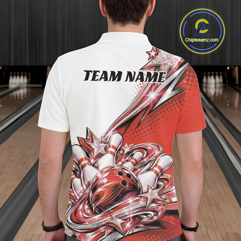 Custom Red Glitter Star Bowling Polo, Bowling League And Tournament Shirt