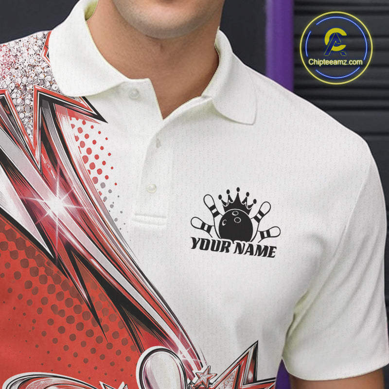 Custom Red Glitter Star Bowling Polo, Bowling League And Tournament Shirt