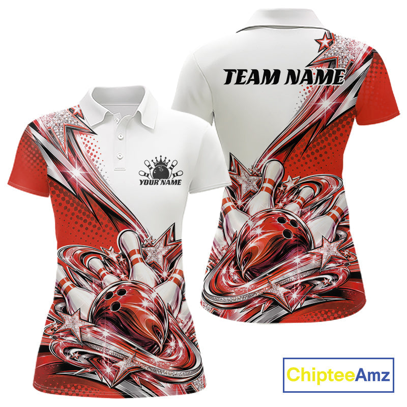 Custom Red Glitter Star Bowling Polo, Bowling League And Tournament Shirt