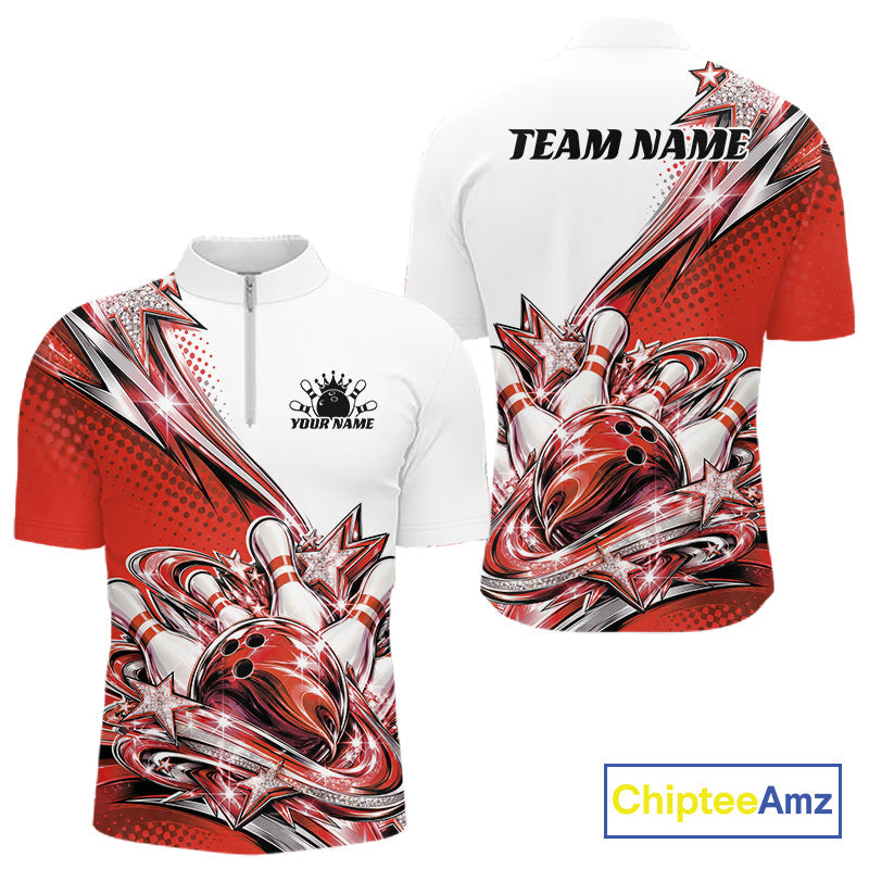 Custom Red Glitter Star Bowling Quarter Zip, Bowling League And Tournament Shirt