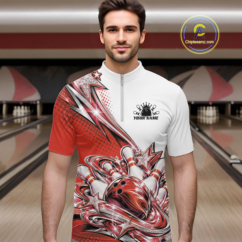 Custom Red Glitter Star Bowling Quarter Zip, Bowling League And Tournament Shirt
