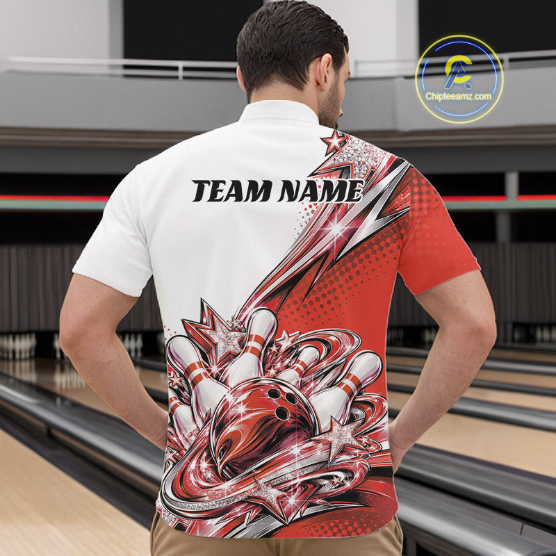 Custom Red Glitter Star Bowling Quarter Zip, Bowling League And Tournament Shirt