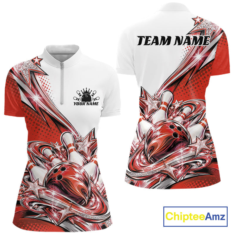 Custom Red Glitter Star Bowling Quarter-Zip, Bowling League And Tournament Shirt