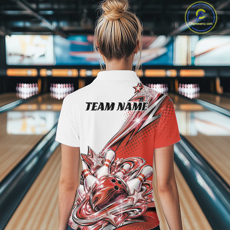 Custom Red Glitter Star Bowling Quarter-Zip, Bowling League And Tournament Shirt