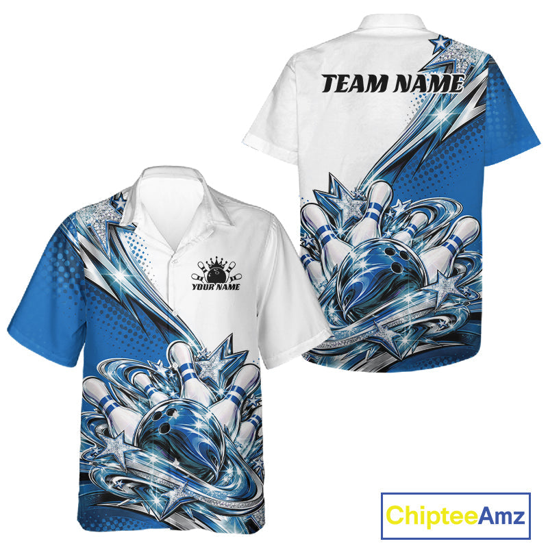 Custom Blue Glitter Star Bowling And Button Up, Bowling League And Tournament Shirt