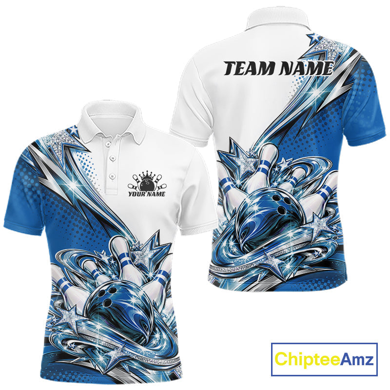 Custom Blue Glitter Star Bowling Polo, Bowling League And Tournament Shirt