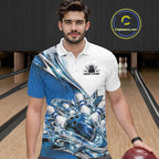 Custom Blue Glitter Star Bowling Polo, Bowling League And Tournament Shirt