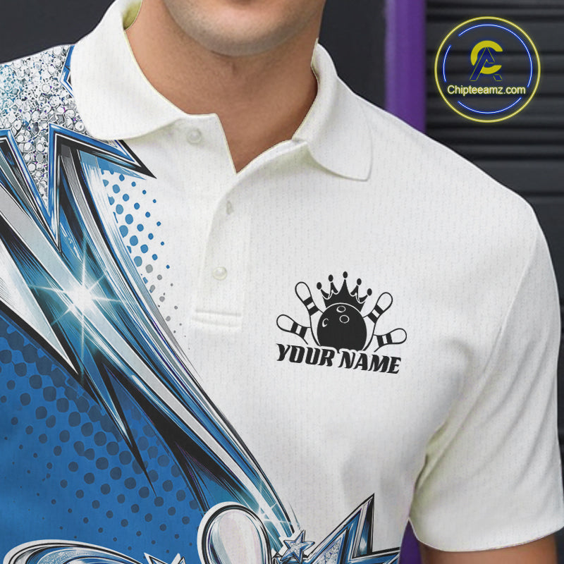 Custom Blue Glitter Star Bowling Polo, Bowling League And Tournament Shirt