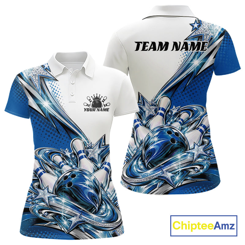 Custom Blue Glitter Star Bowling Polo, Bowling League And Tournament Shirt