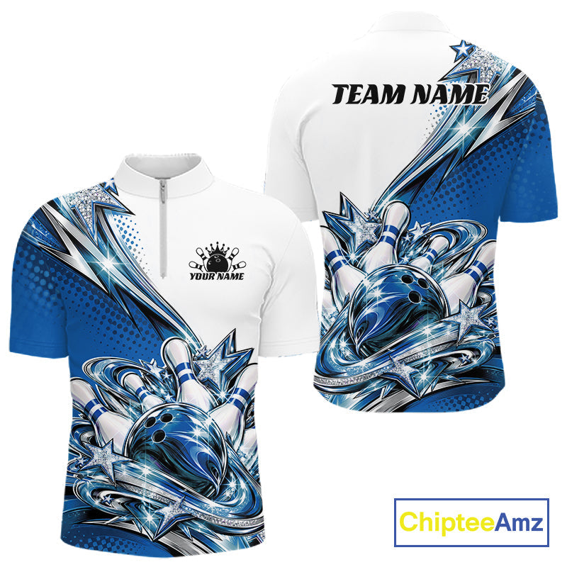 Custom Blue Glitter Star Bowling Quarter Zip, Bowling League And Tournament Shirt