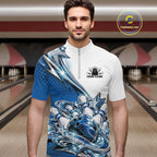 Custom Blue Glitter Star Bowling Quarter Zip, Bowling League And Tournament Shirt