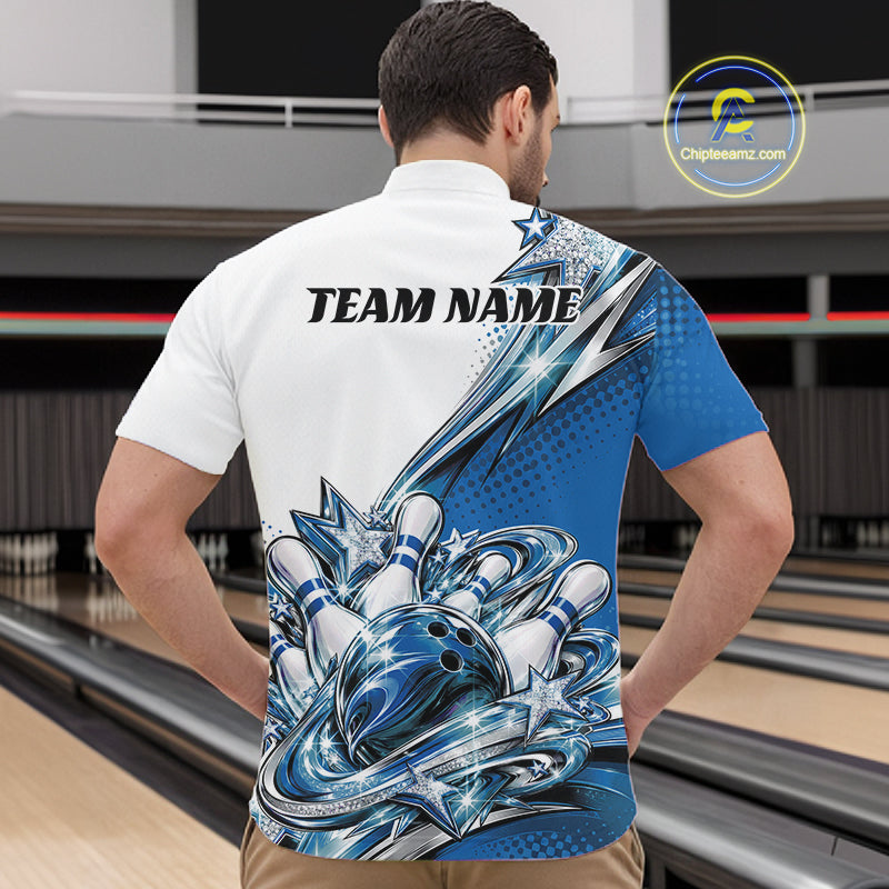 Custom Blue Glitter Star Bowling Quarter Zip, Bowling League And Tournament Shirt