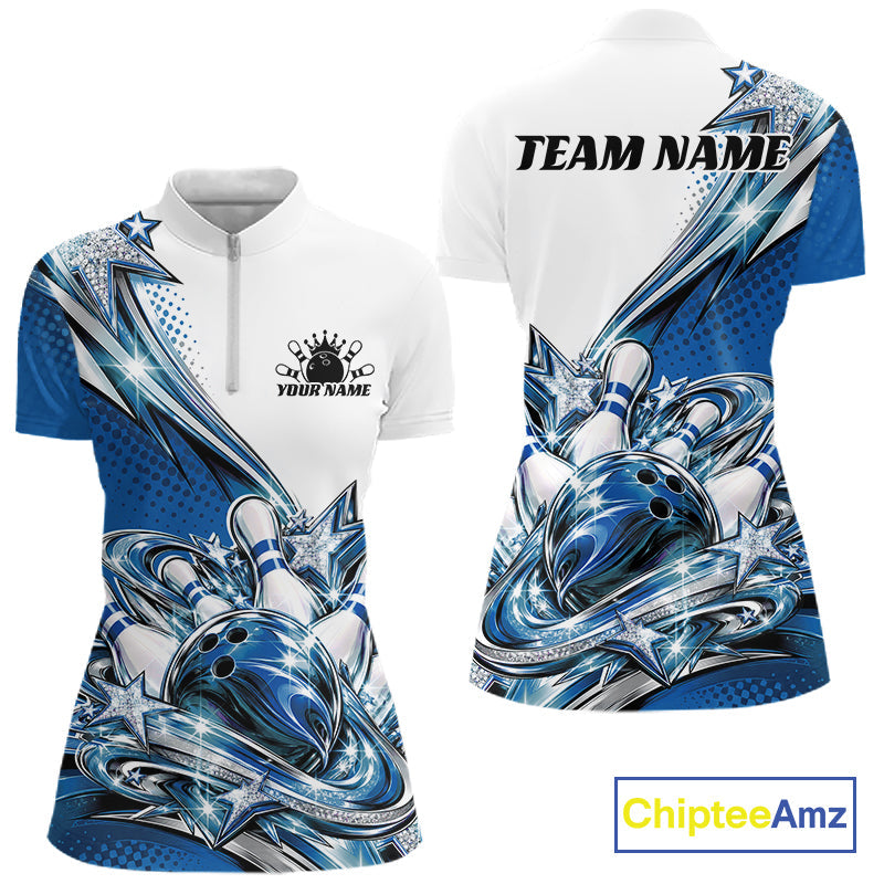 Custom Blue Glitter Star Bowling Quarter-Zip, Bowling League And Tournament Shirt