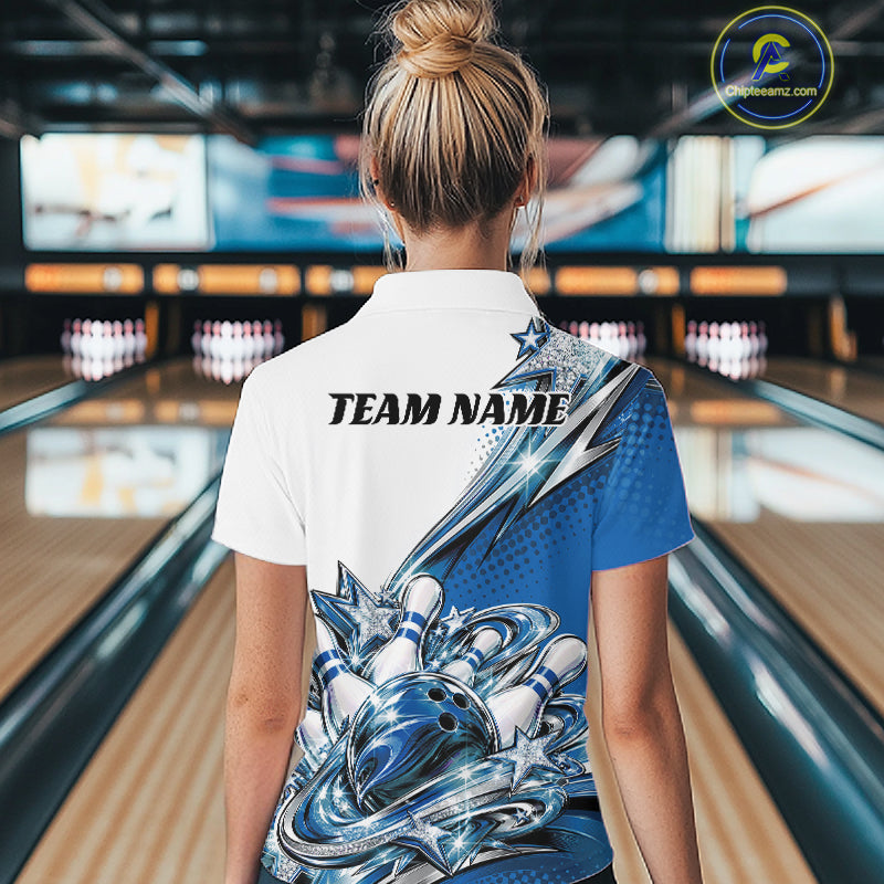 Custom Blue Glitter Star Bowling Quarter-Zip, Bowling League And Tournament Shirt