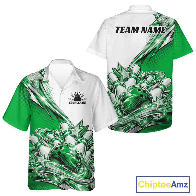 Custom Green Glitter Star Bowling And Button Up, Bowling League And Tournament Shirt